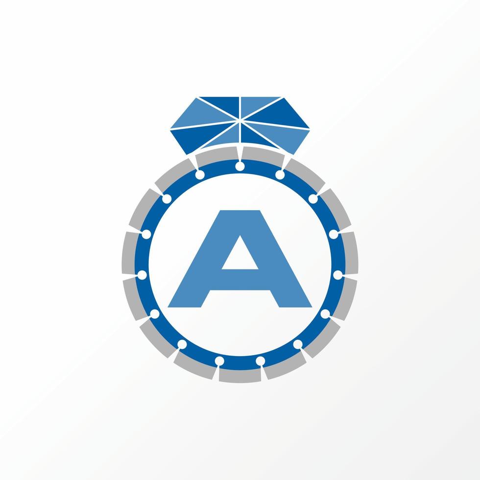 Simple and unique diamond ring, blade saw, and letter A font inside image graphic icon logo design abstract concept vector stock. Can be used as symbol related to adornment or cutting machine