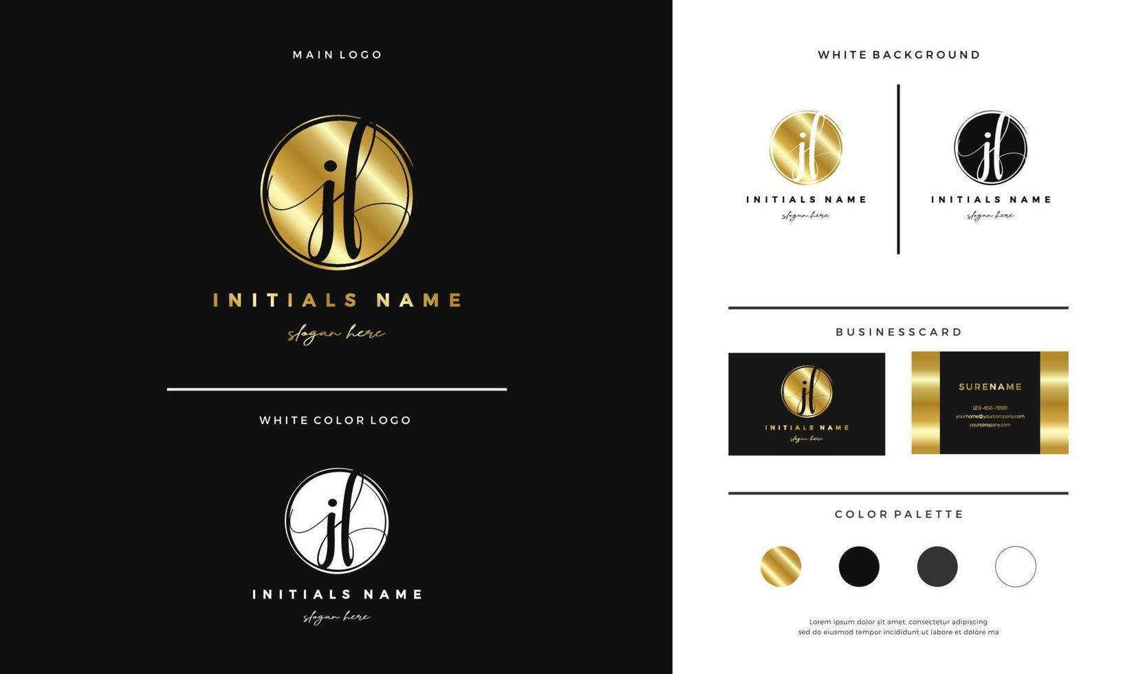 Circle Golden letter JF J F Initial logo design with handwriting style template vector