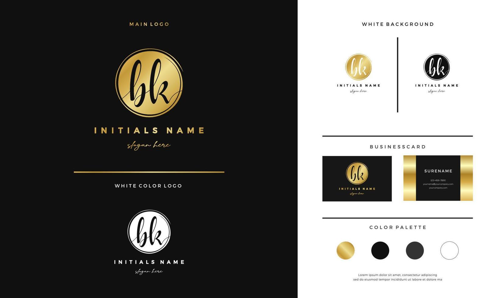 círculo dorado letra bk bk diseño de logotipo inicial con plantilla de estilo de escritura a mano vector