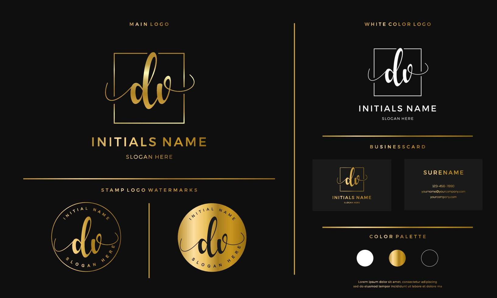 golden Initial DV letter D V handwriting logo design line square vector