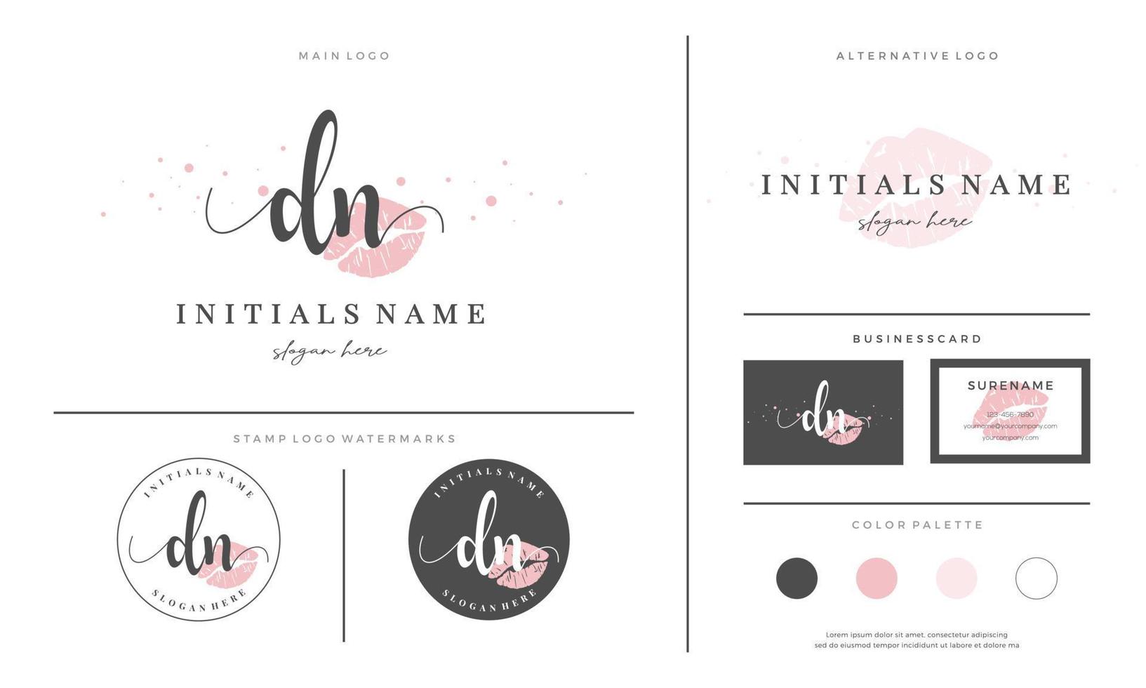 letter DN D N Initial handwriting logo template with lipstick kiss or makeup vector