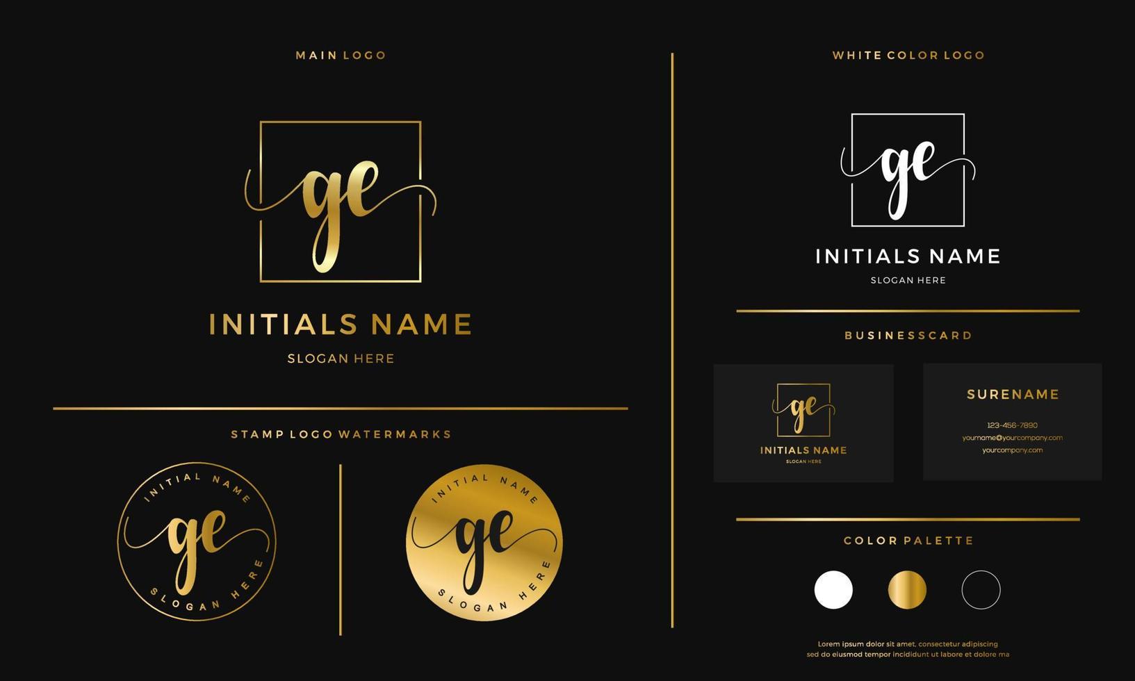 golden Initial GE letter G E handwriting logo design line square vector