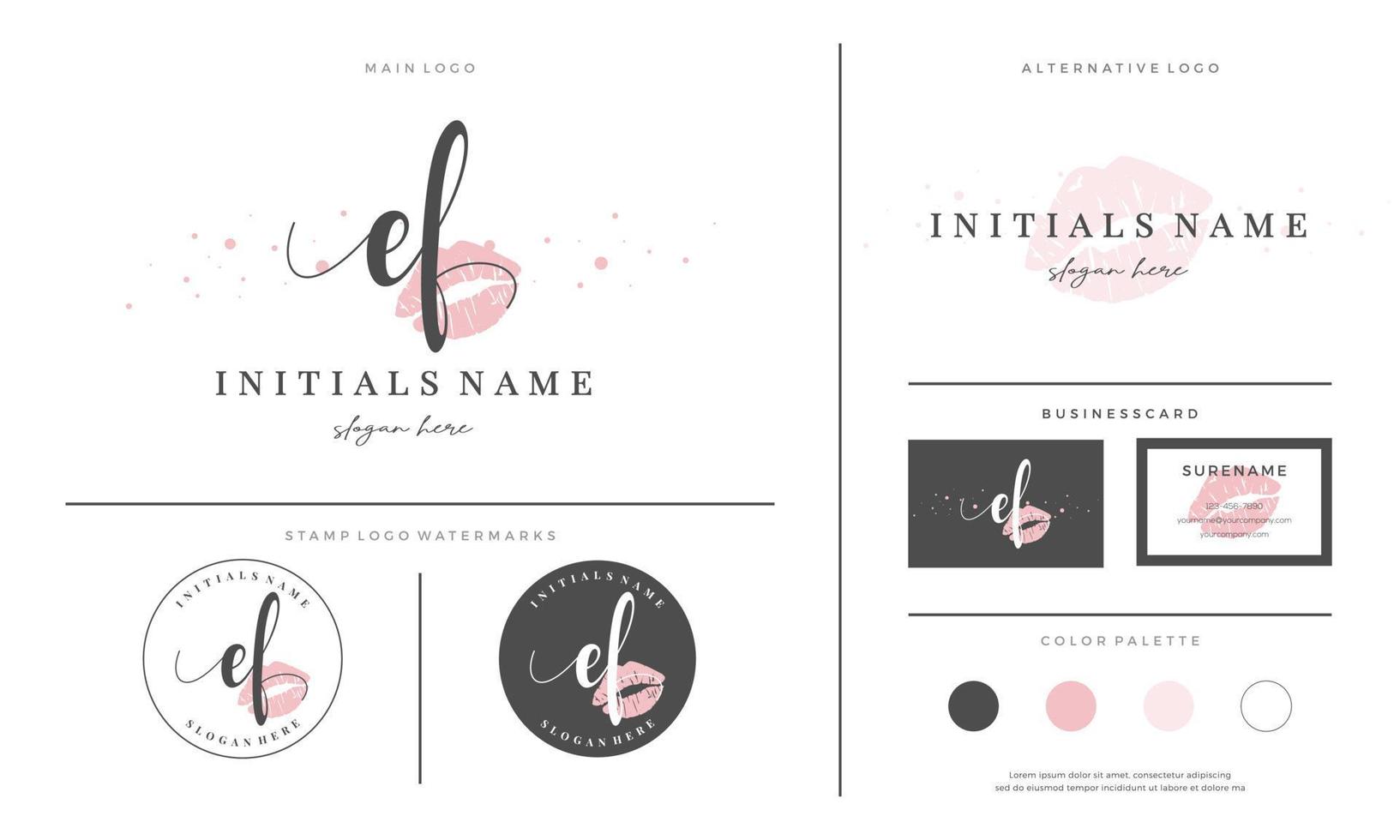 letter EF E F Initial handwriting logo template with lipstick kiss or makeup vector