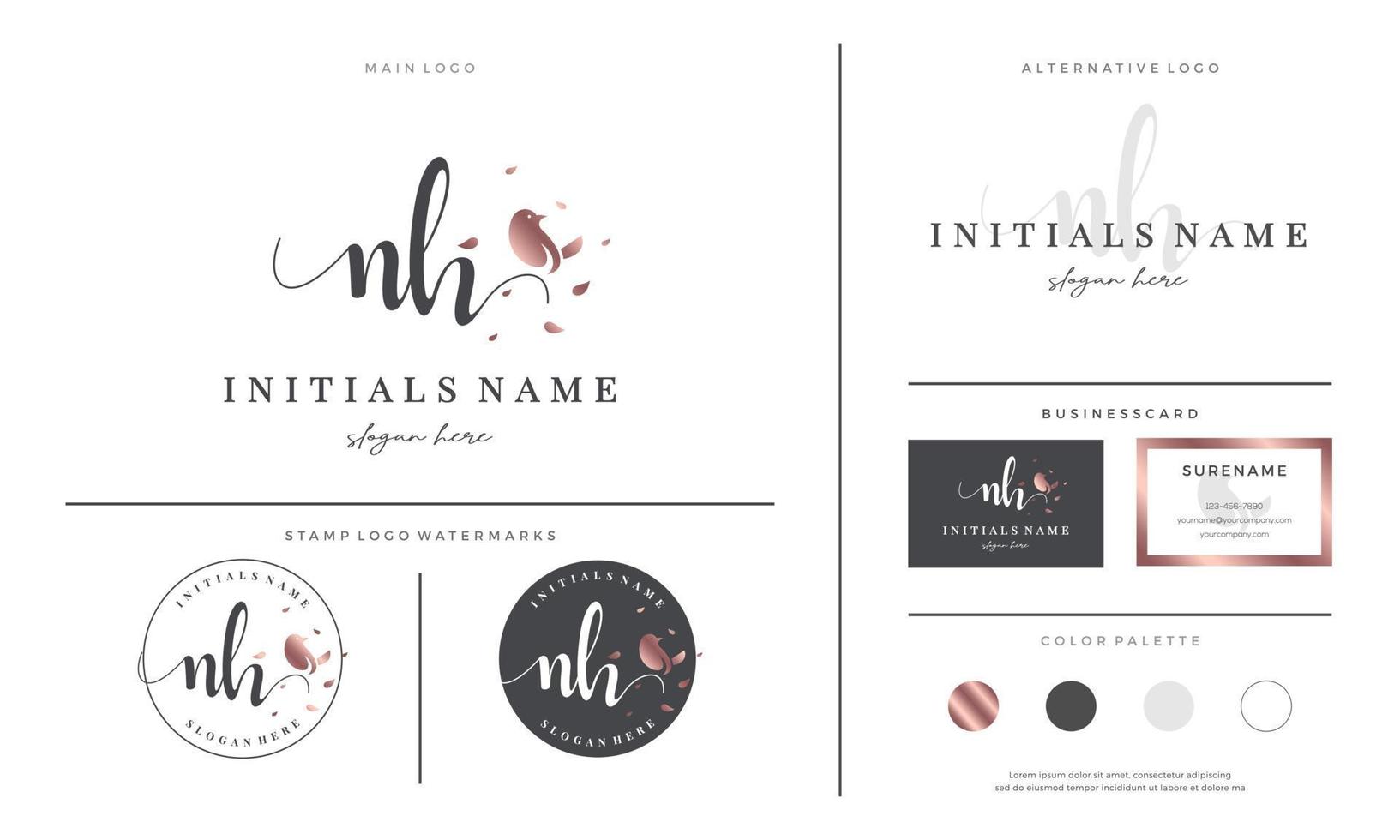 initial letter NH N H handwriting logo design with bird and leaf vector