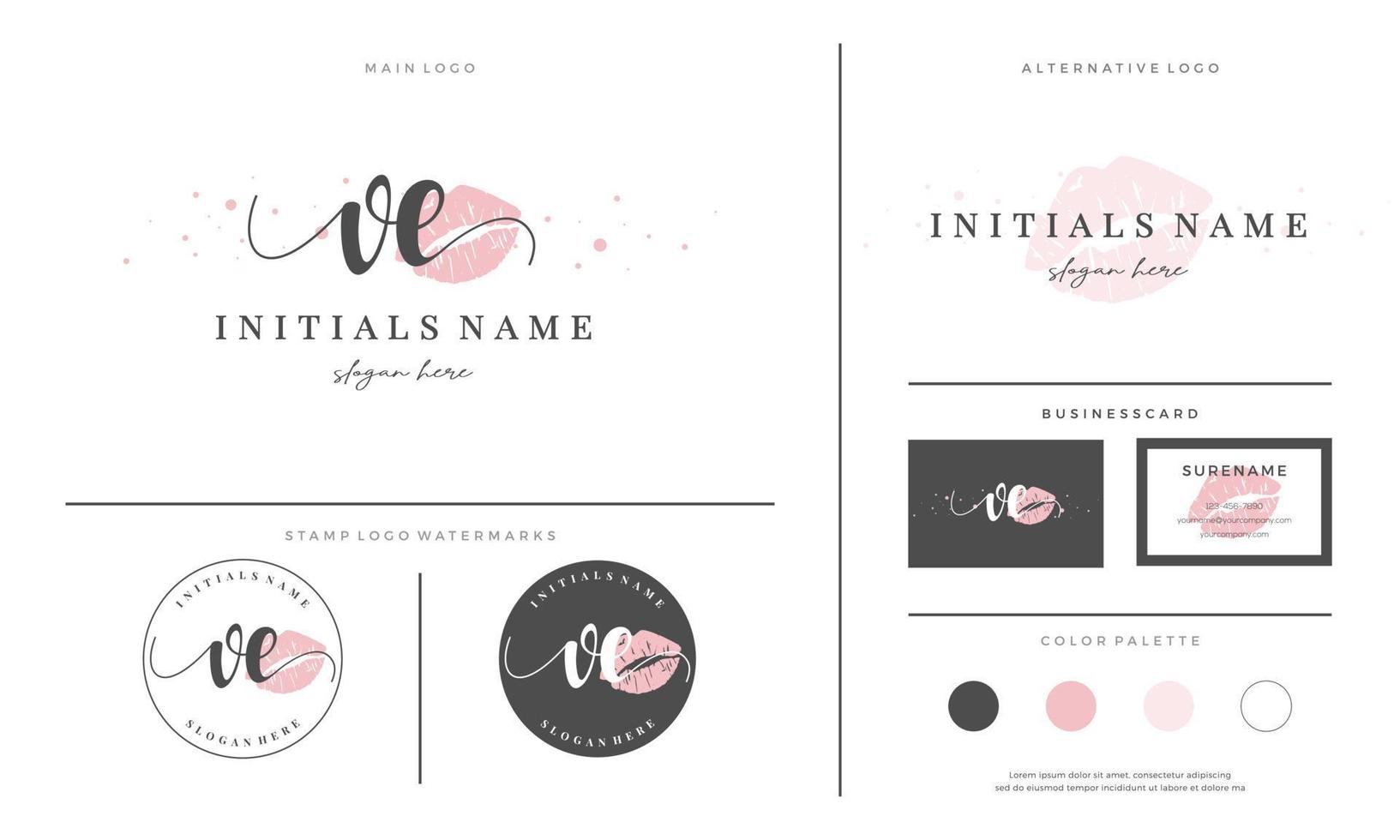 letter VE V E Initial handwriting logo template with lipstick kiss or makeup vector