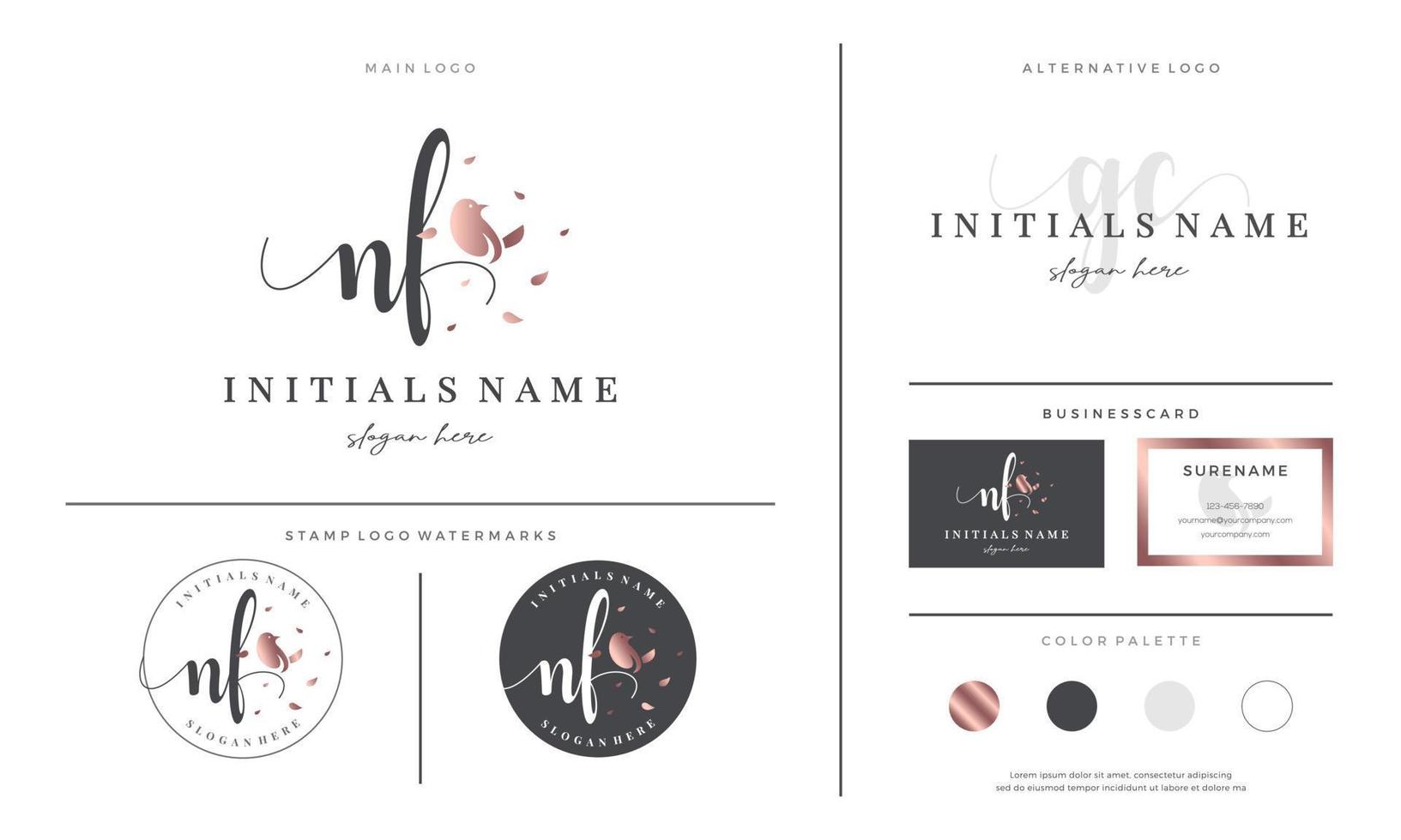 initial letter NF N F handwriting logo design with bird and leaf vector