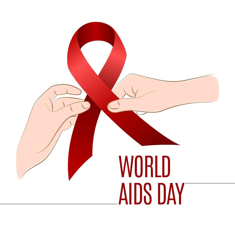 World AIDS Day. Holding hands with Red ribbon. Aids Awareness design for poster, banner, t-shirt. Vector illustration isolated on white background.