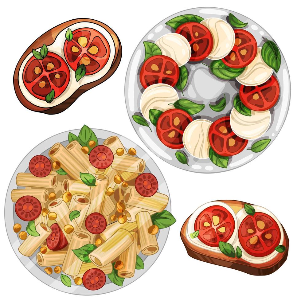 Caprese salad with mozzarella and tomatoes. A large dish with pasta and toast with mozzarella vector