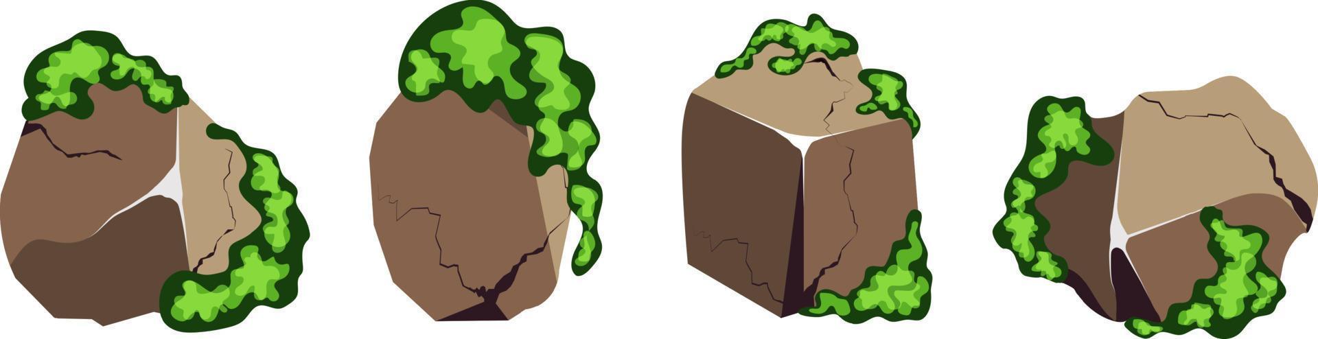 colección de piedras de diversas formas y musgo. guijarros costeros, adoquines, grava, minerales y formaciones geológicas. fragmentos de roca, cantos rodados y material de construcción. vector