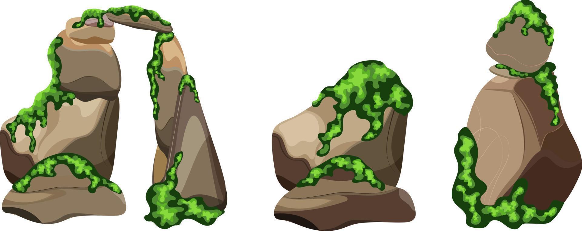 colección de piedras de diversas formas y musgo. guijarros costeros, adoquines, grava, minerales y formaciones geológicas. fragmentos de roca, cantos rodados y material de construcción. vector