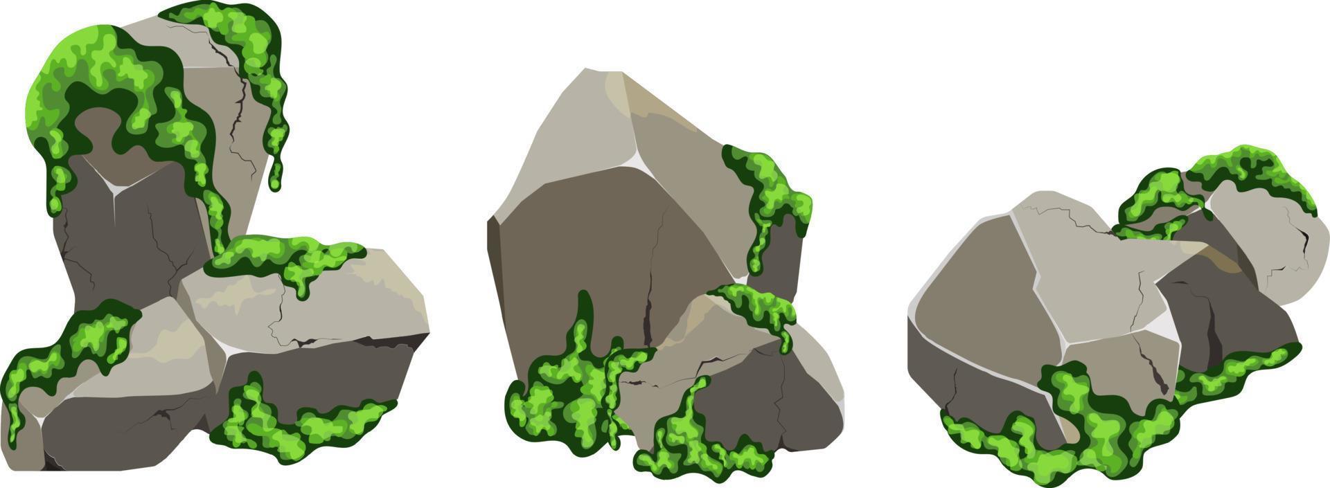 colección de piedras de diversas formas y musgo. guijarros costeros, adoquines, grava, minerales y formaciones geológicas. fragmentos de roca, cantos rodados y material de construcción. vector