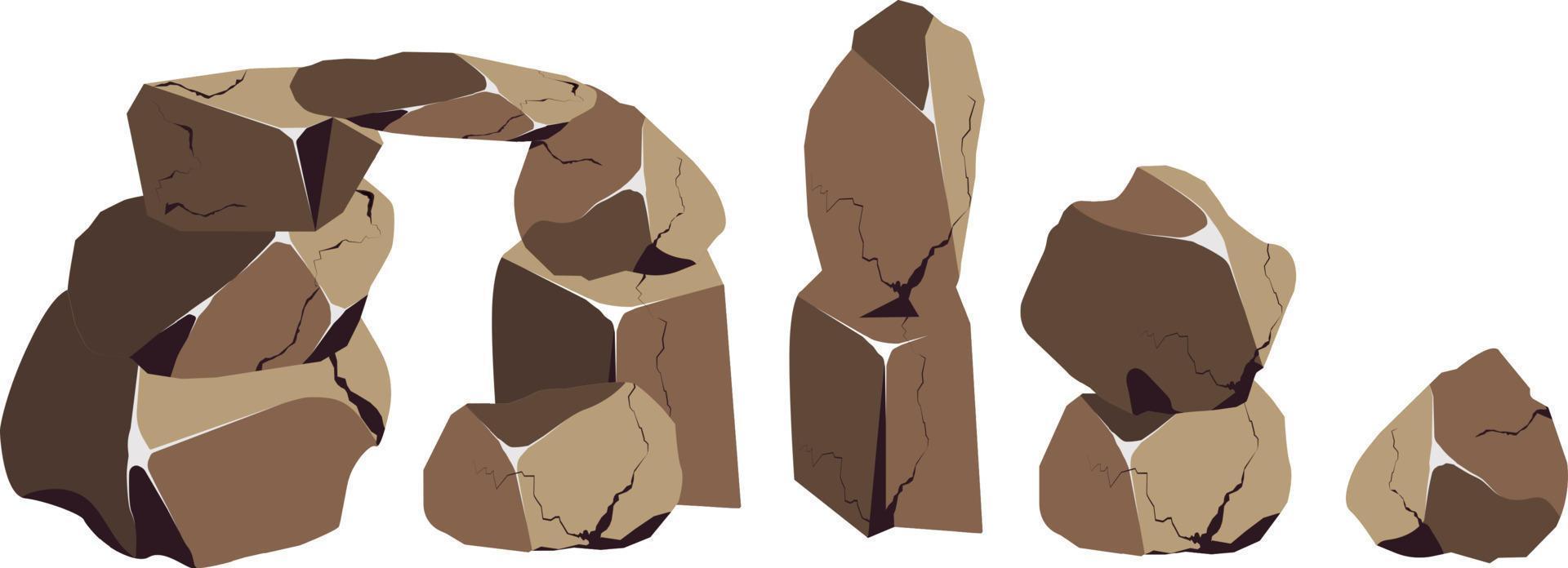 colección de piedras de diversas formas y musgo. guijarros costeros, adoquines, grava, minerales y formaciones geológicas. fragmentos de roca, cantos rodados y material de construcción. vector