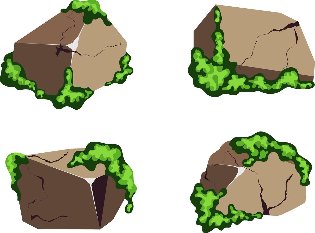 colección de piedras de diversas formas y musgo. guijarros costeros, adoquines, grava, minerales y formaciones geológicas. fragmentos de roca, cantos rodados y material de construcción. vector