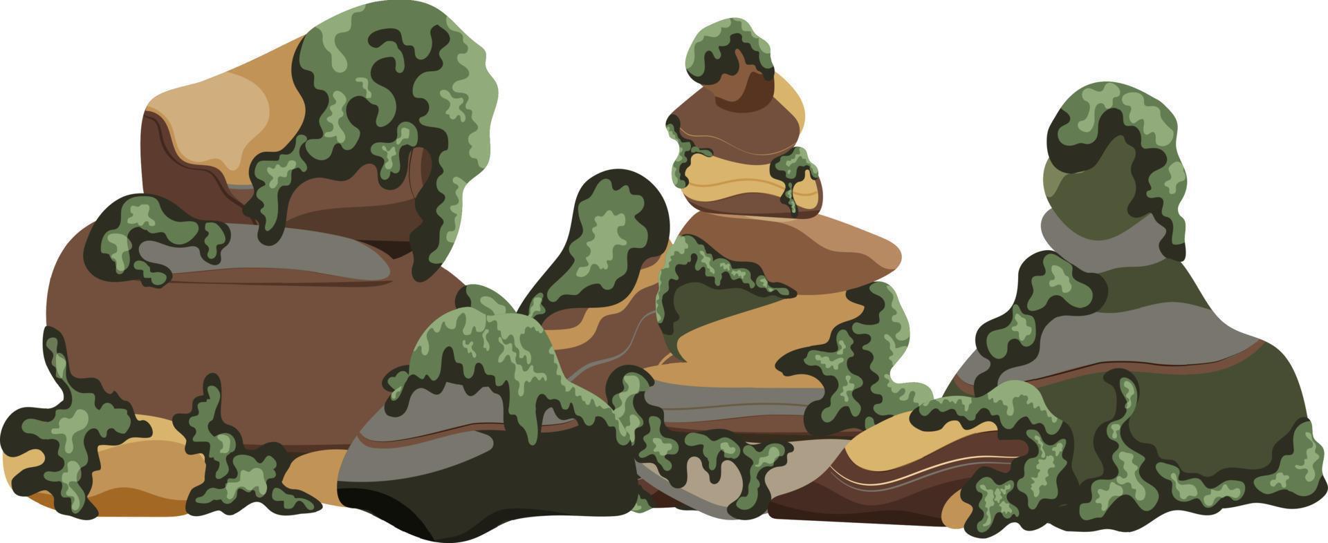 Collection of stones of various shapes and moss.Coastal pebbles,cobblestones,gravel,minerals and geological formations.Rock fragments,boulders and building material. vector