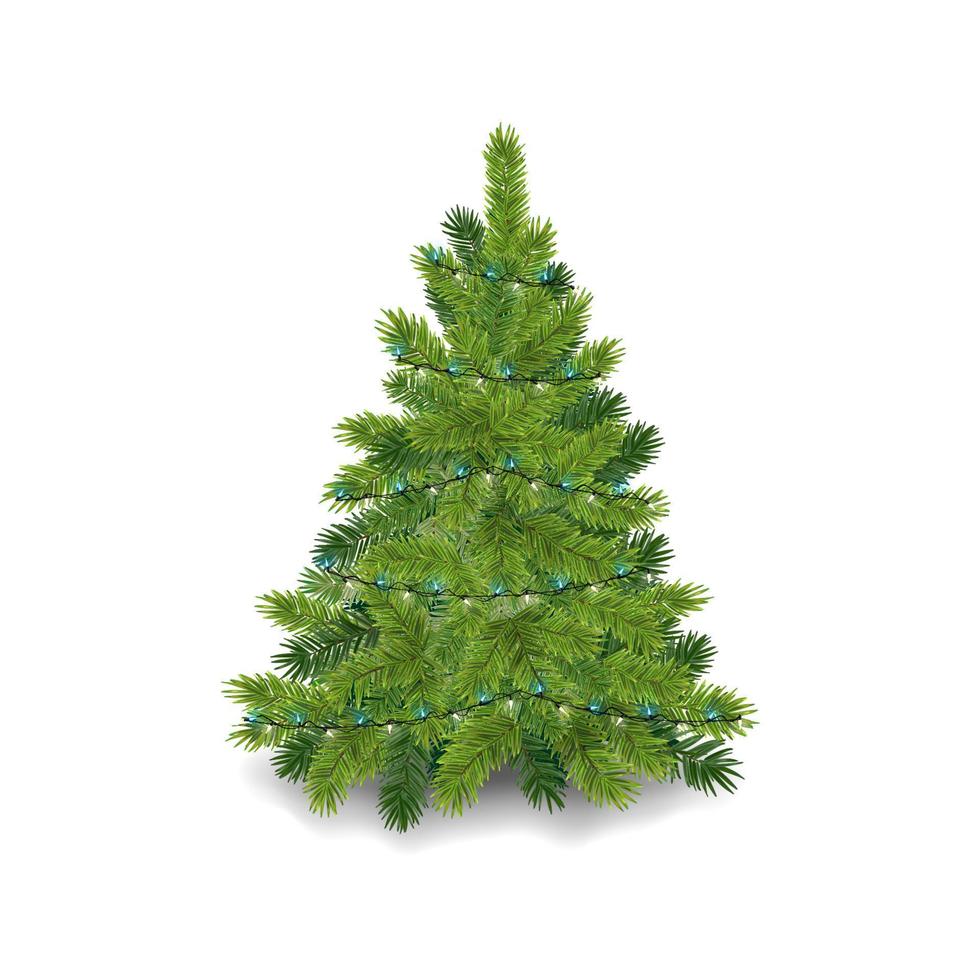 árbol de navidad realista con guirnalda led pino verde esponjoso vector