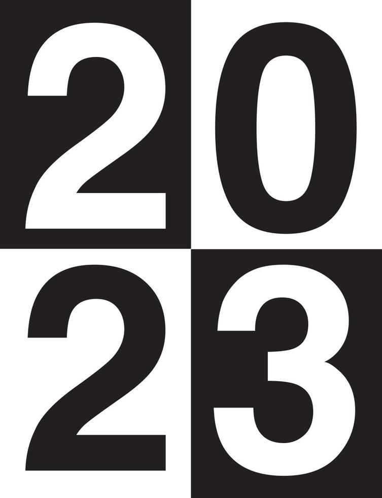Set of 2023 Happy New Year logo text design. 2023 number design template. Collection of 2023 Happy New Year symbols. Vector illustration with black labels isolated on white background.