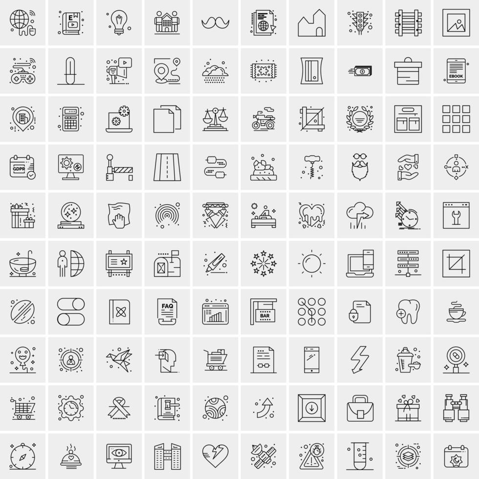 100 Universal Black Line Icons on White Background vector