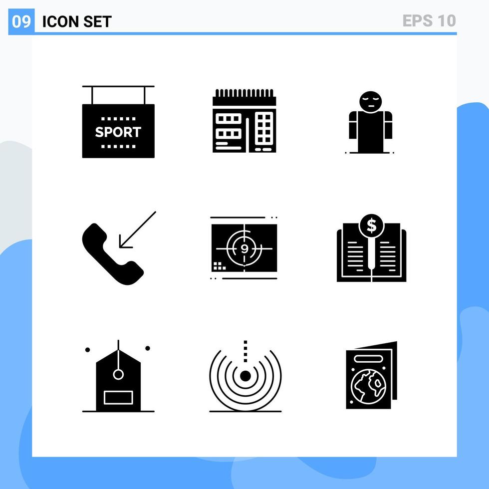 moderno 9 iconos de estilo sólido símbolos de glifo para uso general signo de icono sólido creativo aislado sobre fondo blanco paquete de 9 iconos vector