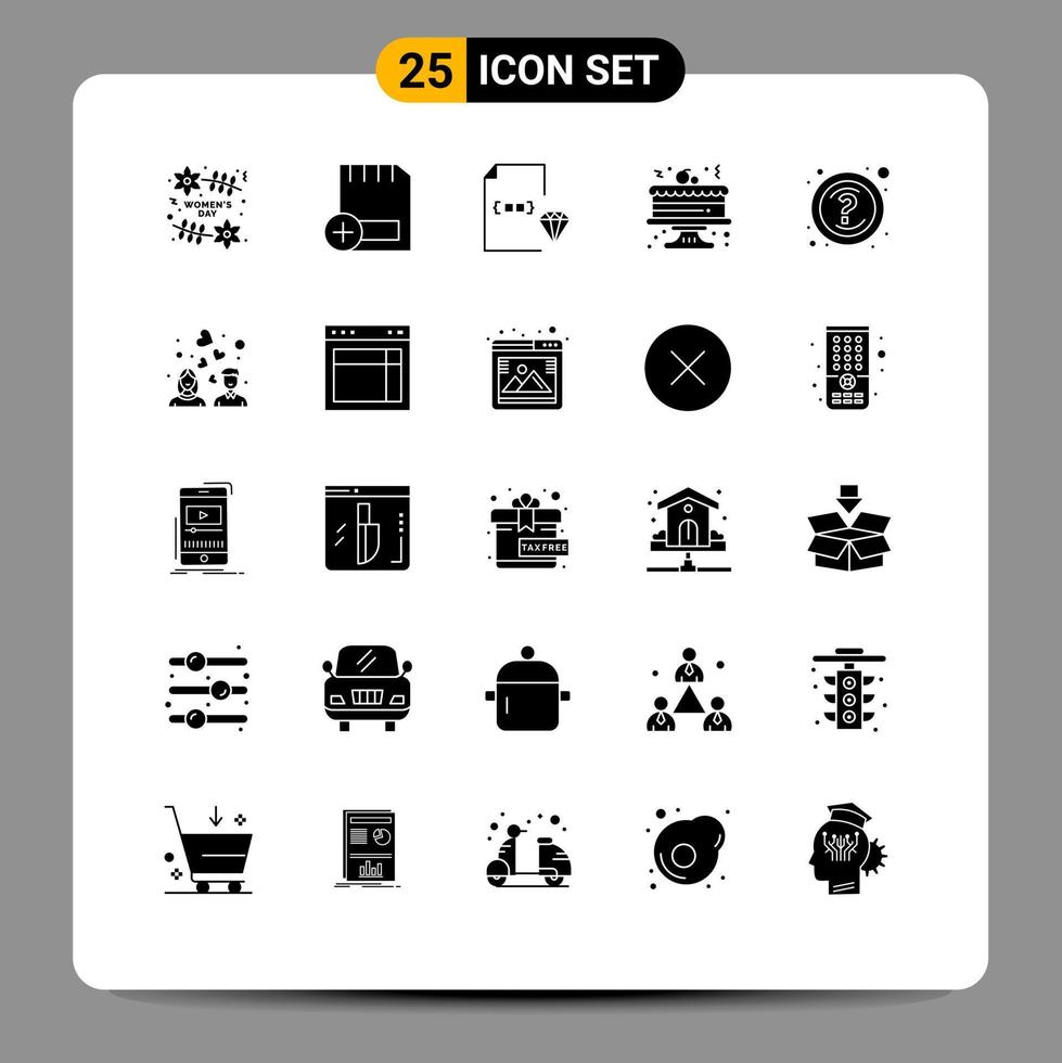 Pack of 25 creative Solid Glyphs of help celebration hardware cake document Editable Vector Design Elements