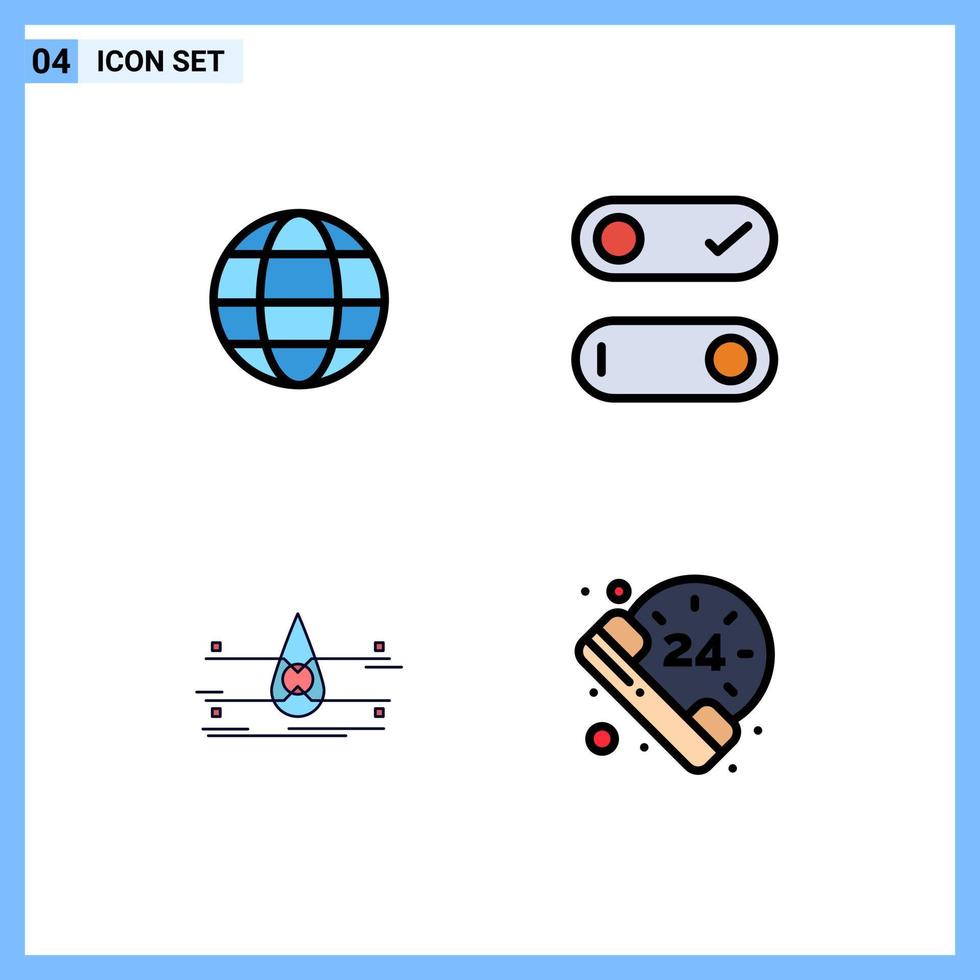 Modern Set of 4 Filledline Flat Colors and symbols such as globe safety control water hours Editable Vector Design Elements