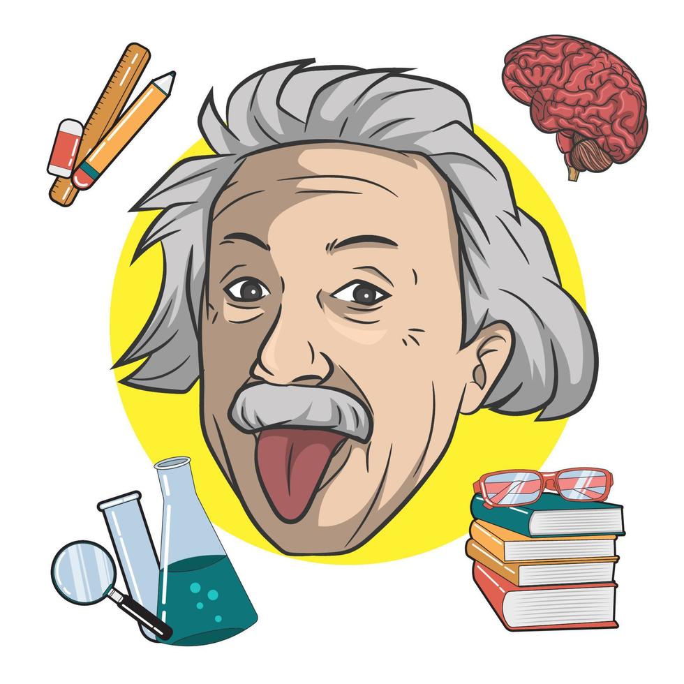 Cartoon portrait of Albert Einstein and element Vector illustration