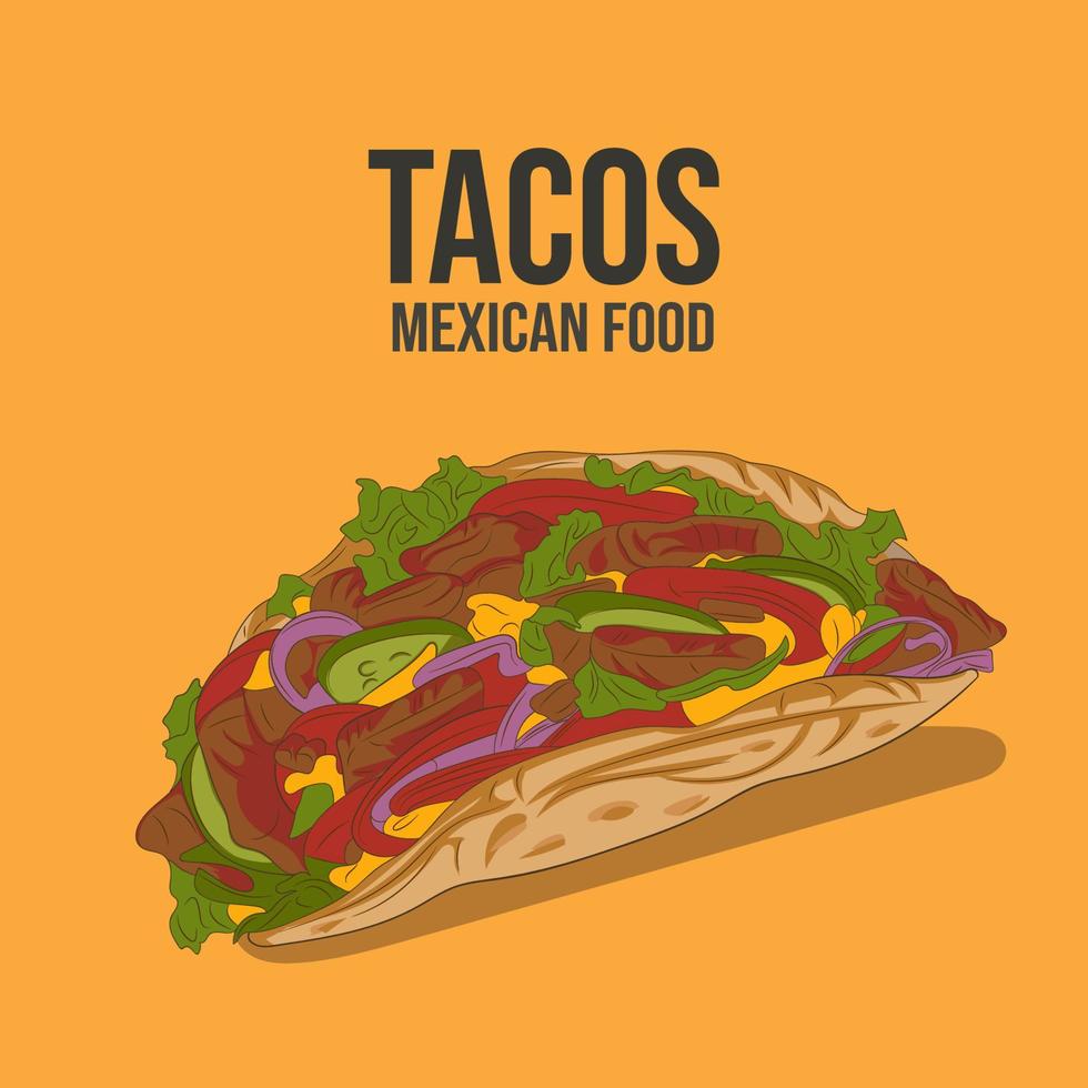 Tacos with meat and vegetable. Traditional mexican fast-food vector