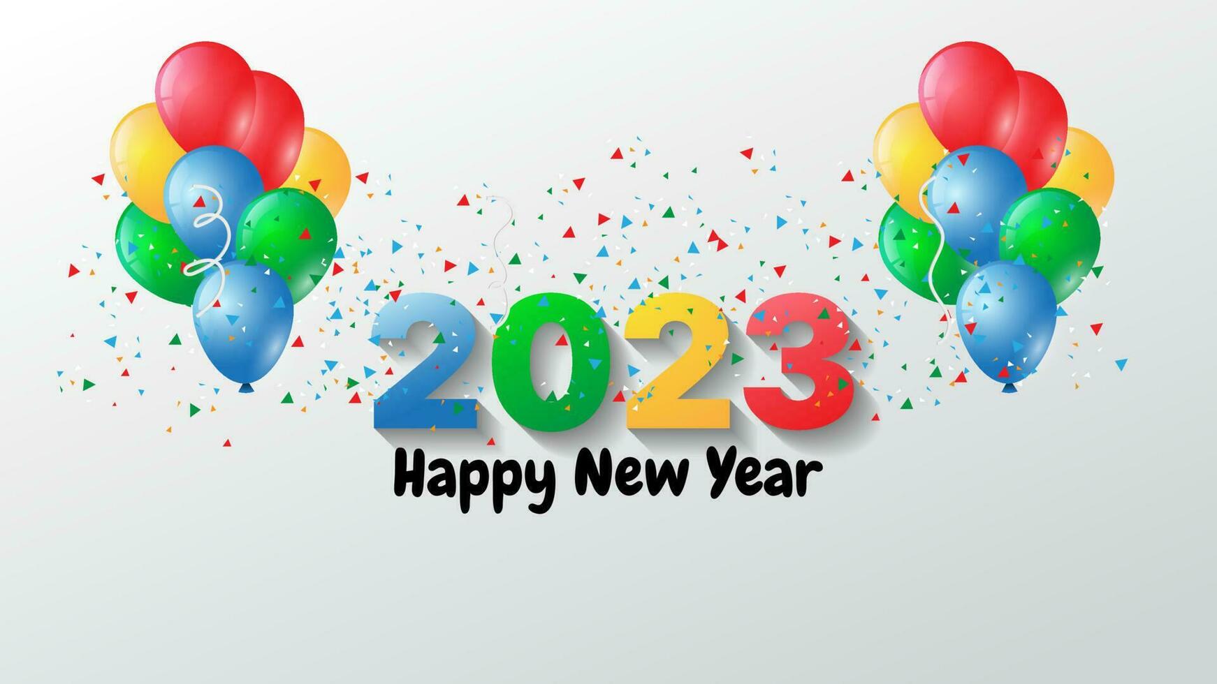 colorful happy new year background with balloons and confetti. vector illustration