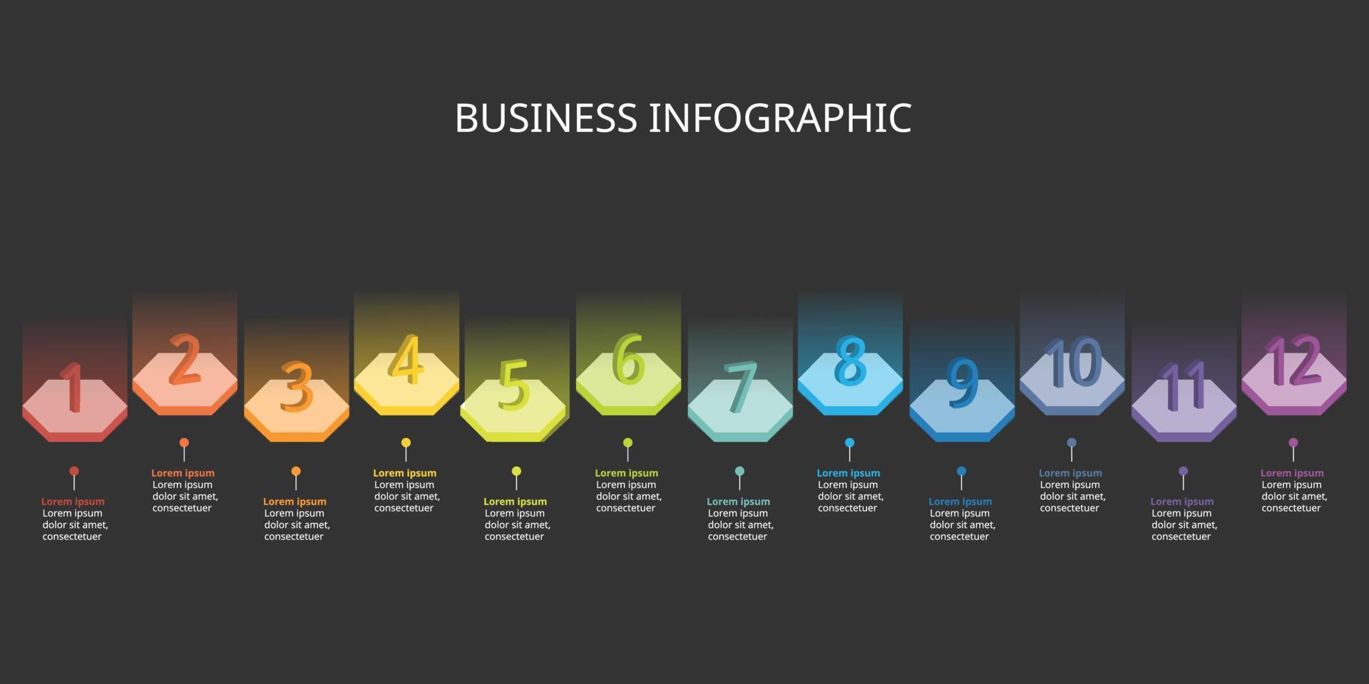 línea de tiempo con plantilla de número para plantilla de infografía de tecnología colorida con 12 elementos vector