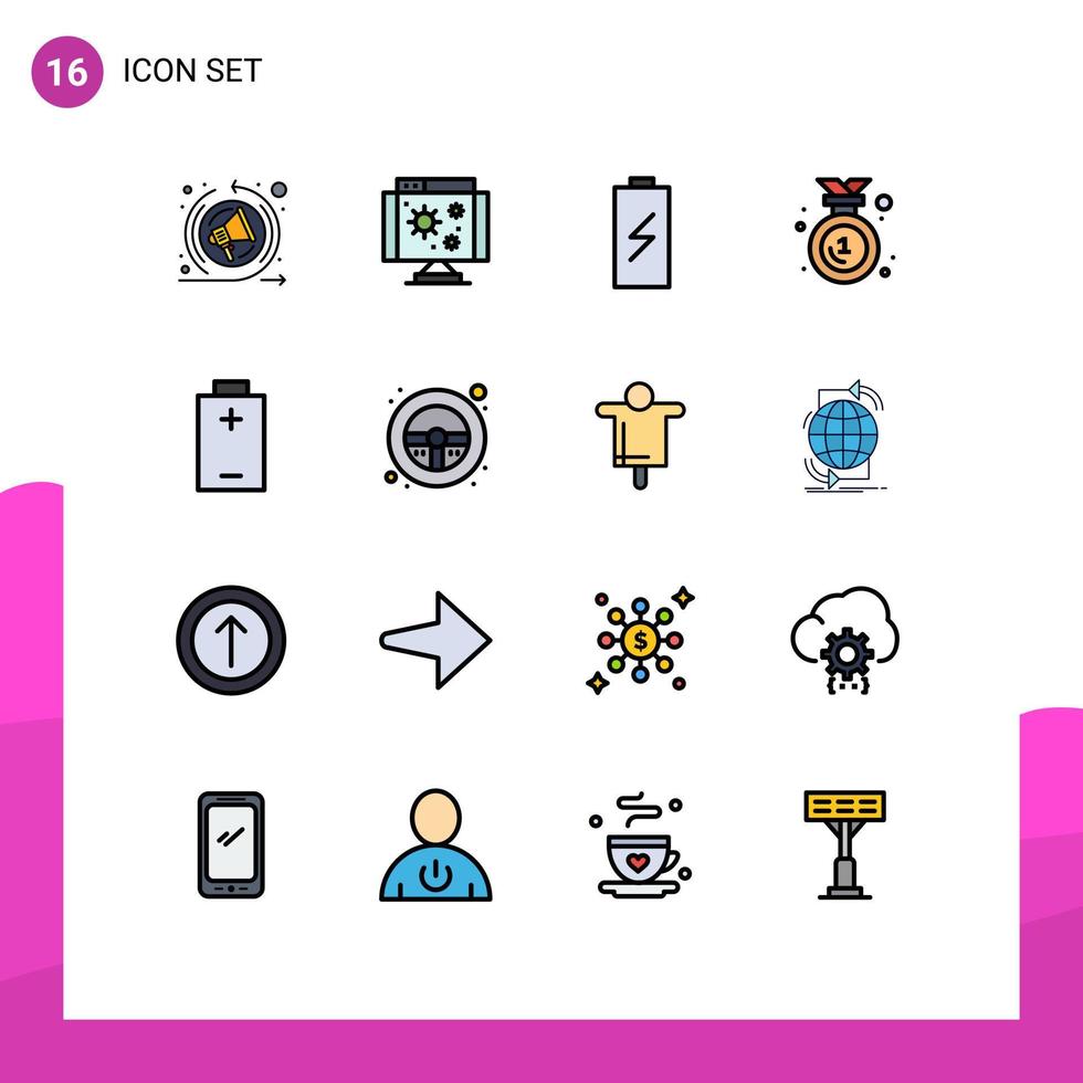 User Interface Pack of 16 Basic Flat Color Filled Lines of electric medal charge emblem award Editable Creative Vector Design Elements