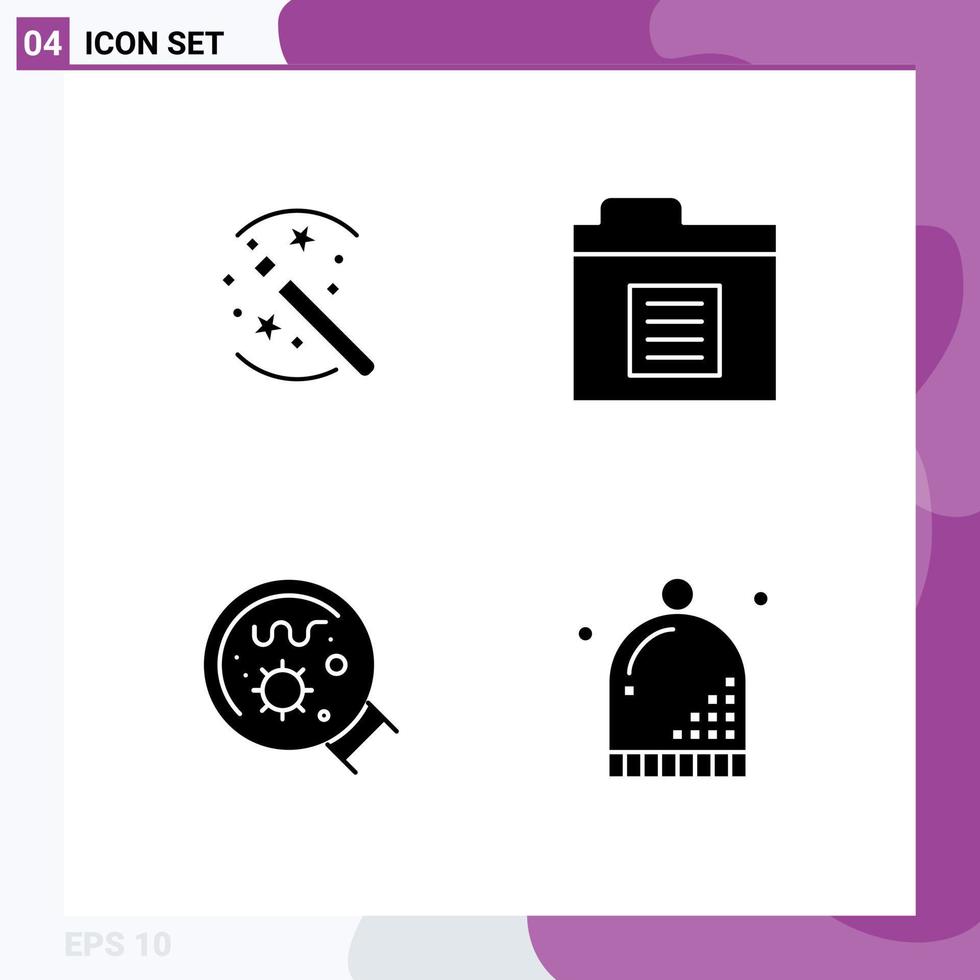 Pack of 4 Modern Solid Glyphs Signs and Symbols for Web Print Media such as tricks magnifier stick folder celebration Editable Vector Design Elements