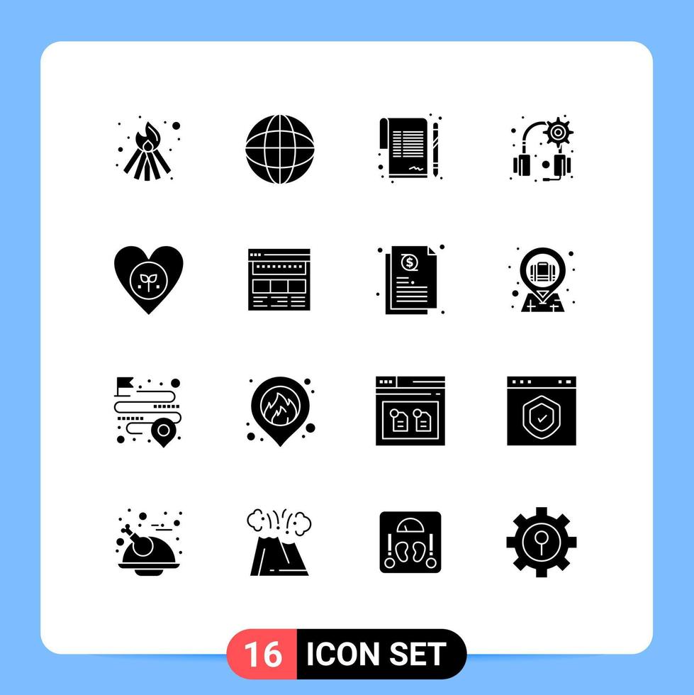 Set of 16 Commercial Solid Glyphs pack for heart environment paper ecology headphones Editable Vector Design Elements