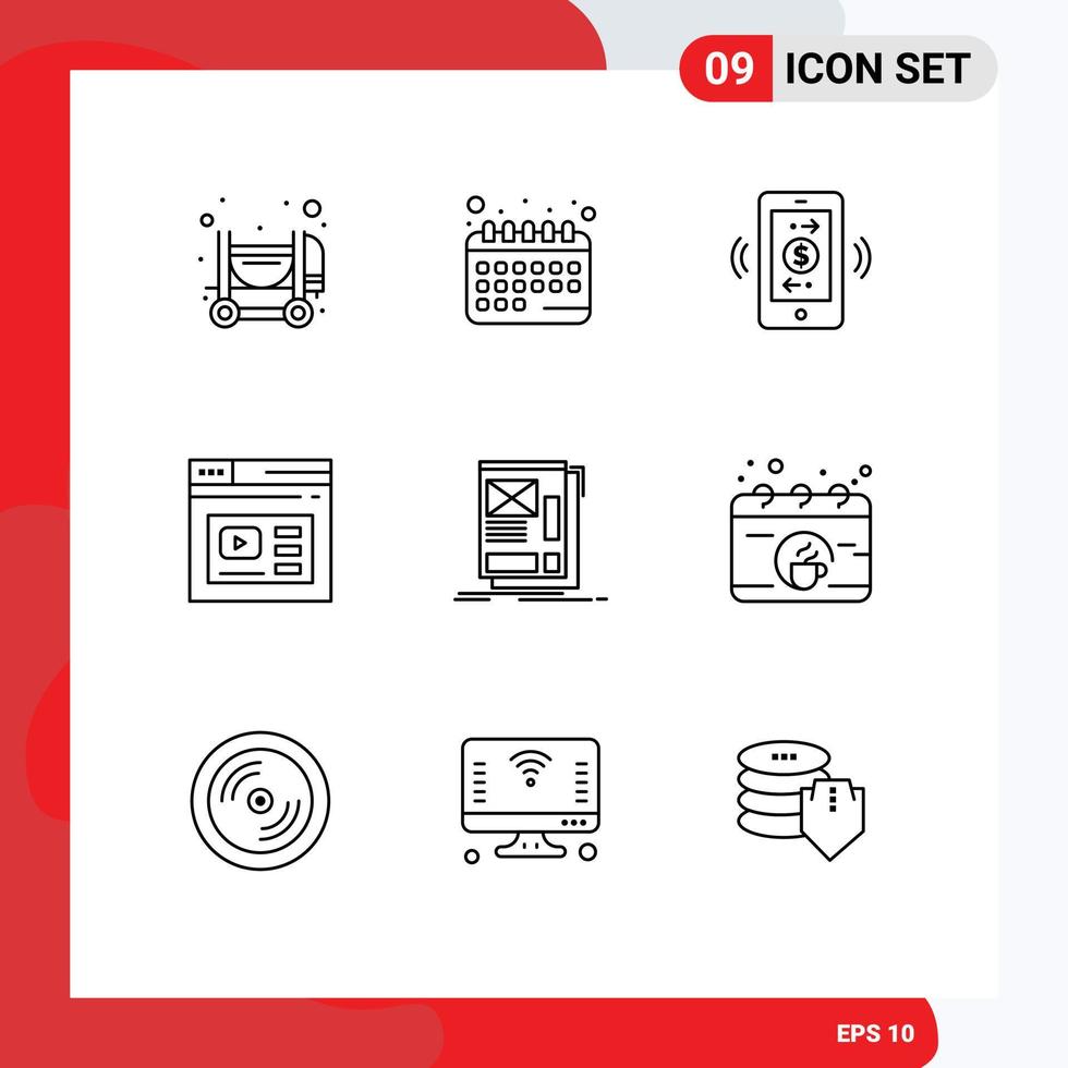 Mobile Interface Outline Set of 9 Pictograms of framing video mobile dollar website page Editable Vector Design Elements