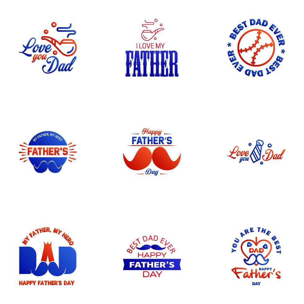 Set of Happy Fathers day elements 9 Blue and red Vector illustration Editable Vector Design Elements