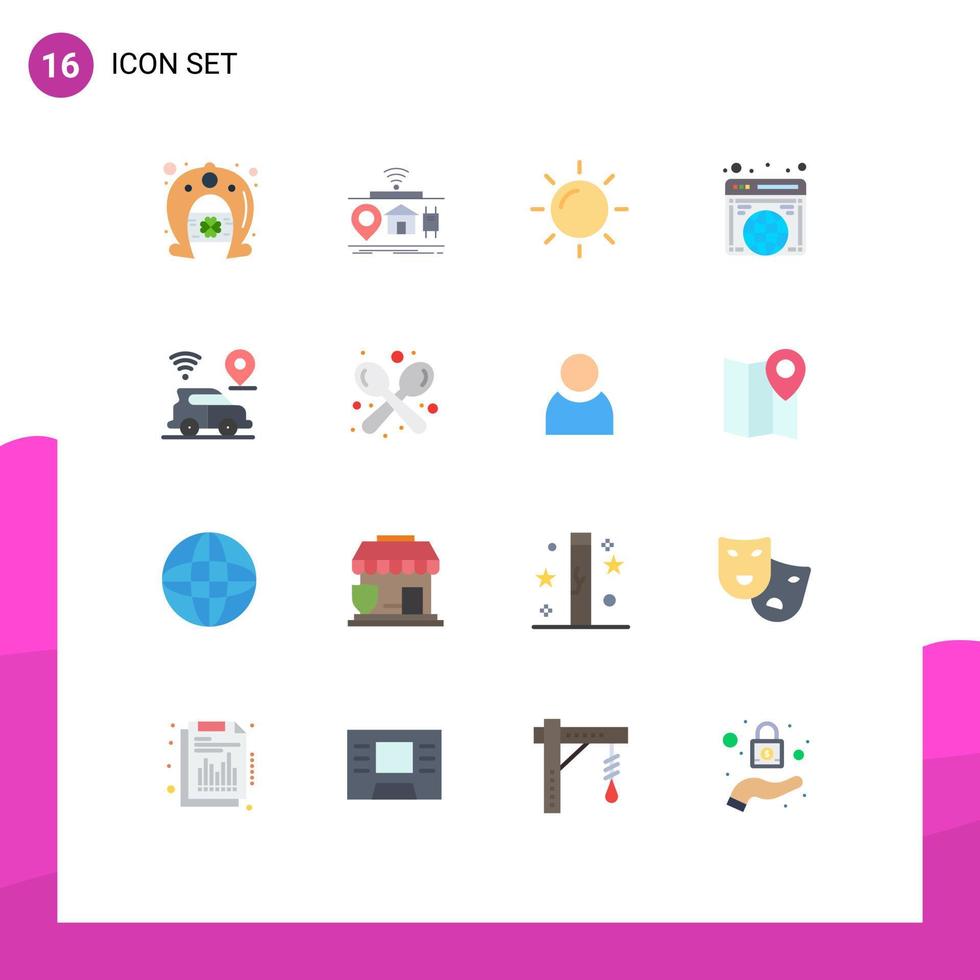paquete de 16 signos y símbolos de colores planos modernos para medios de impresión web, como cosas de sitio web de ubicación, paquete editable global de Internet de elementos creativos de diseño de vectores