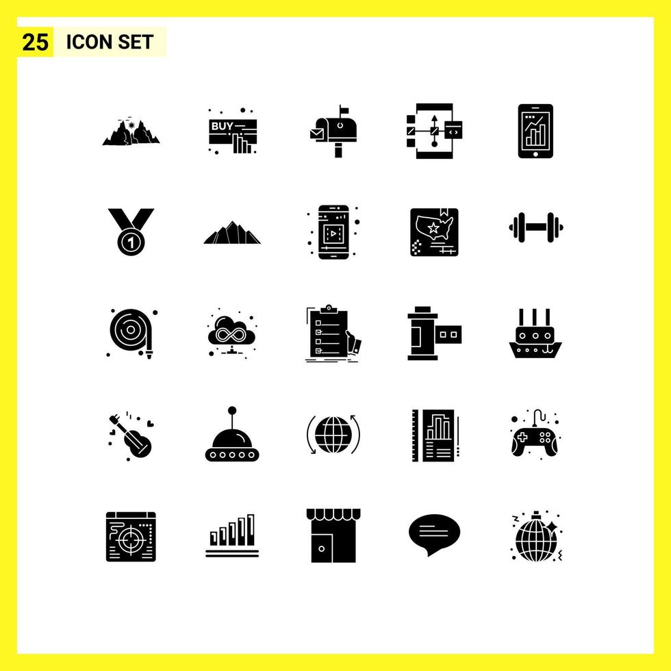 25 Universal Solid Glyphs Set for Web and Mobile Applications flowchart develop online coding postoffice Editable Vector Design Elements