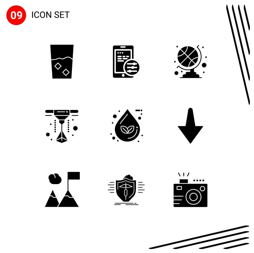 Pack of 9 creative Solid Glyphs of water eco sports accessories leaf printer Editable Vector Design Elements