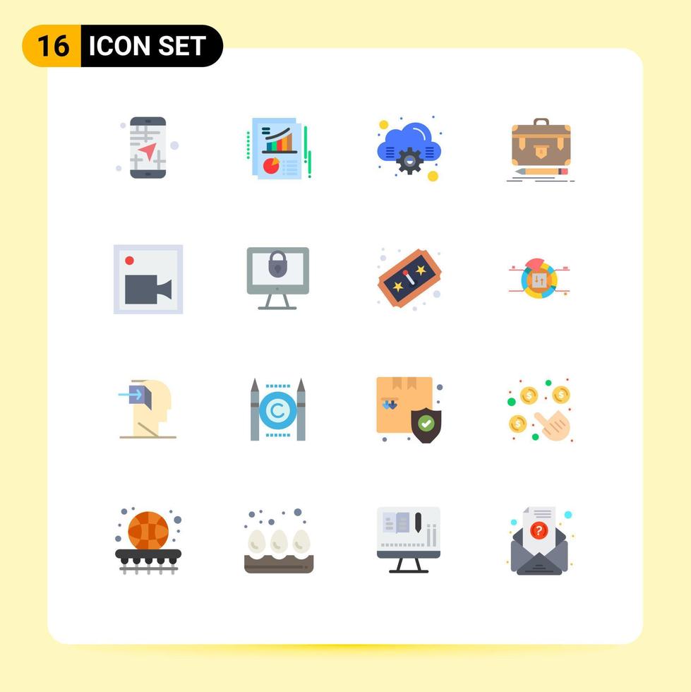 conjunto de pictogramas de 16 colores planos simples del informe de gestión de cámaras maletín financiero paquete editable de elementos de diseño de vectores creativos