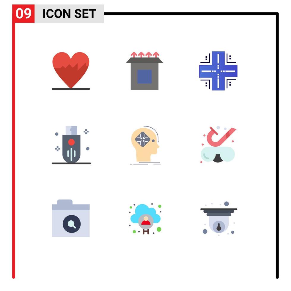 Pack of 9 creative Flat Colors of cyber storage datacenter stick memory Editable Vector Design Elements