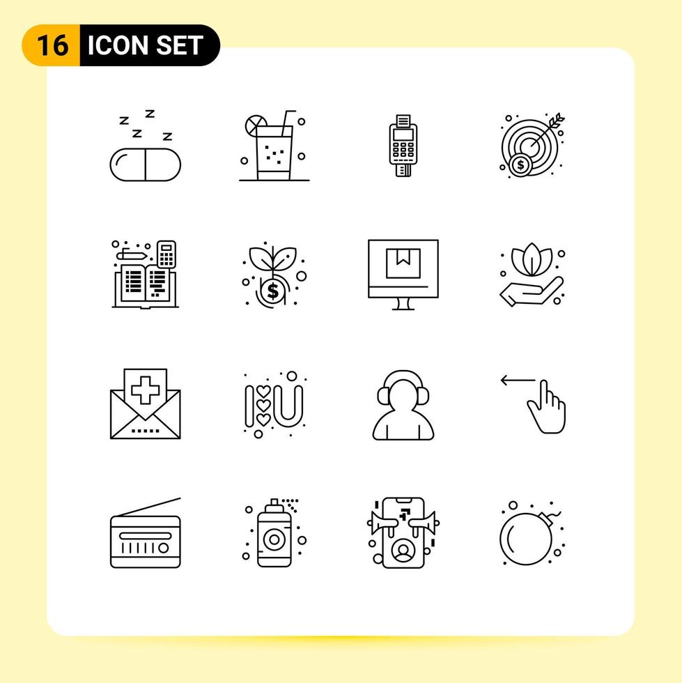 16 Universal Outlines Set for Web and Mobile Applications accounting profit business money credit card machine Editable Vector Design Elements