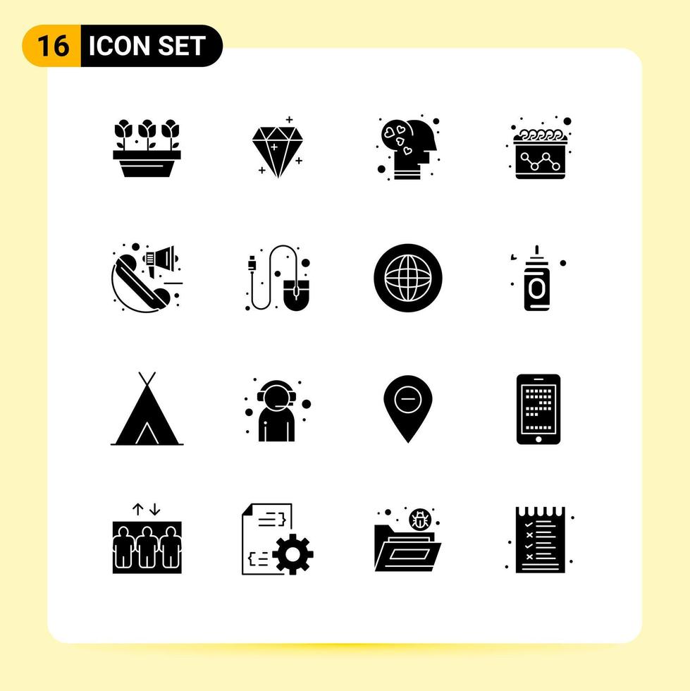 Set of 16 Vector Solid Glyphs on Grid for loudspeaker announcement brain marketing advertising Editable Vector Design Elements