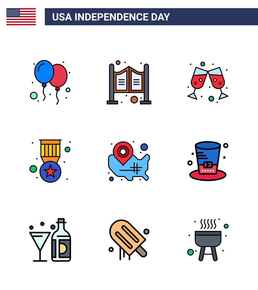 USA Independence Day Flat Filled Line Set of 9 USA Pictograms of usa map beer military badge Editable USA Day Vector Design Elements