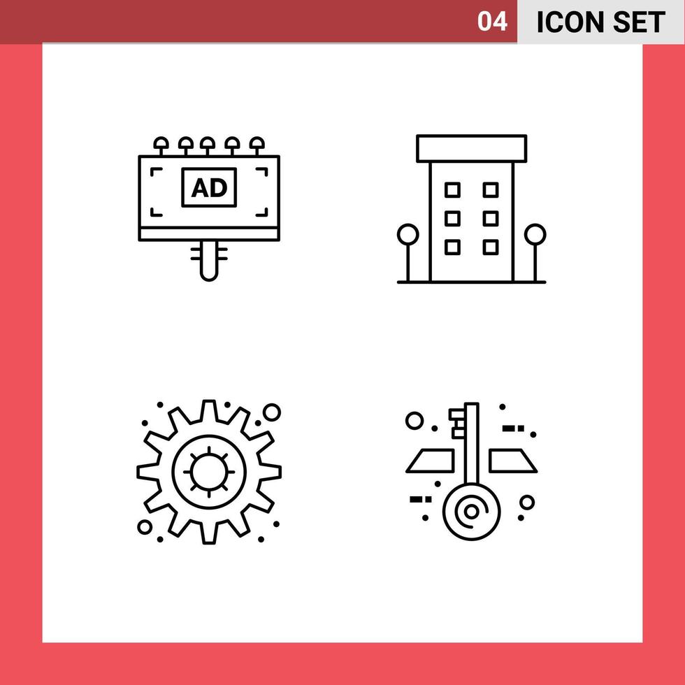 Mobile Interface Line Set of 4 Pictograms of ad gear signboard shop front setting Editable Vector Design Elements