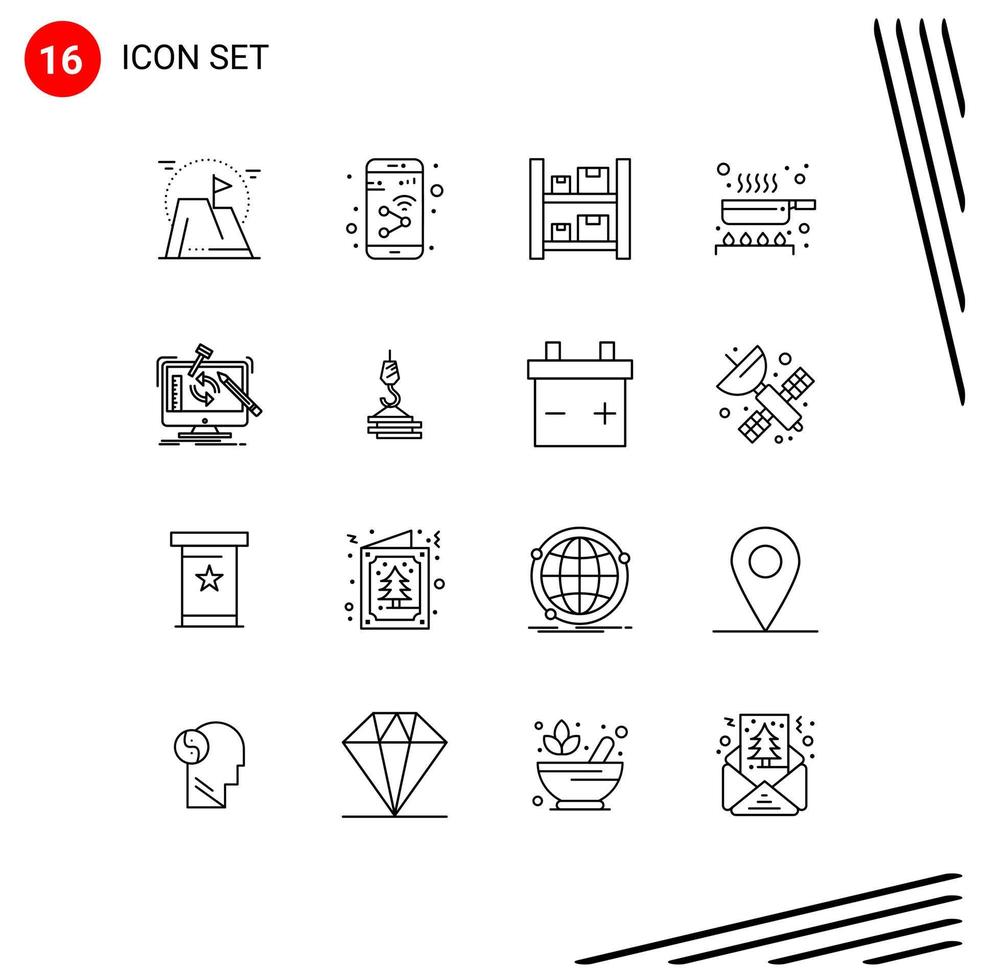 Mobile Interface Outline Set of 16 Pictograms of kitchen food smartphone cook logistic Editable Vector Design Elements