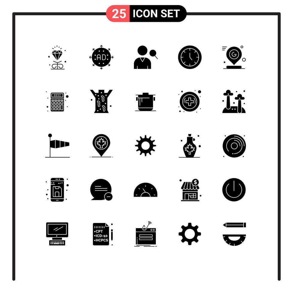 Solid Glyph Pack of 25 Universal Symbols of map time marketing home appliances clock Editable Vector Design Elements
