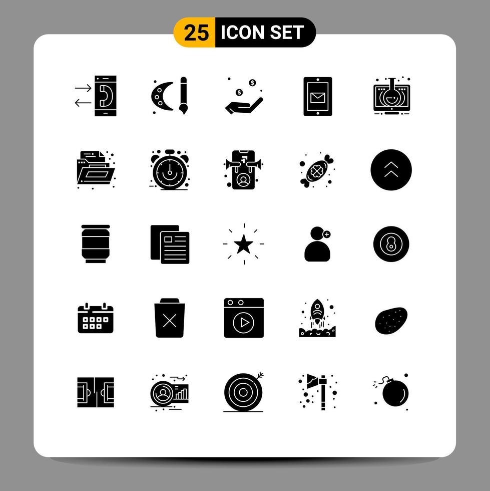 Set of 25 Vector Solid Glyphs on Grid for support chat painting brush mobile dollar Editable Vector Design Elements