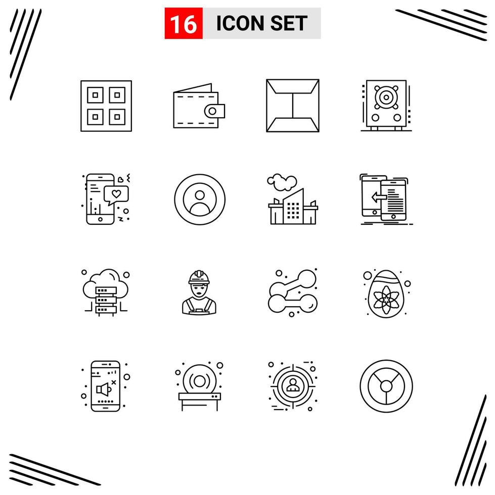 Pack of 16 Modern Outlines Signs and Symbols for Web Print Media such as mobile speaker wallet party audio Editable Vector Design Elements