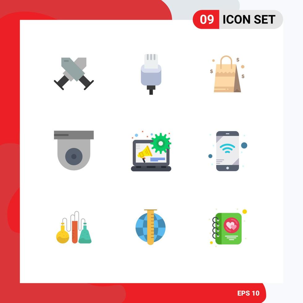 Modern Set of 9 Flat Colors Pictograph of content advertising bag security camera Editable Vector Design Elements