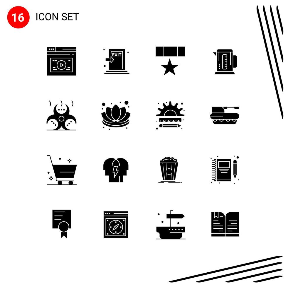 Group of 16 Modern Solid Glyphs Set for machine boiler fire star medal Editable Vector Design Elements