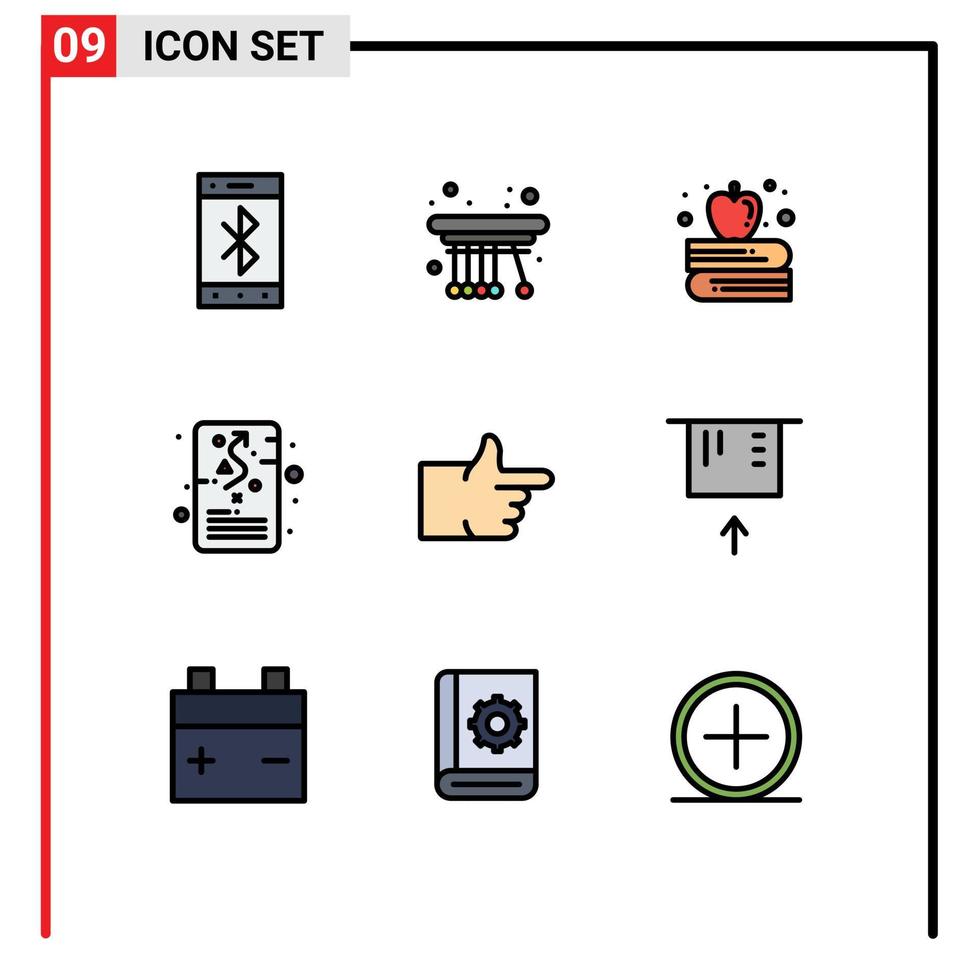 9 User Interface Filledline Flat Color Pack of modern Signs and Symbols of thumbs up strategic apple education planning management Editable Vector Design Elements