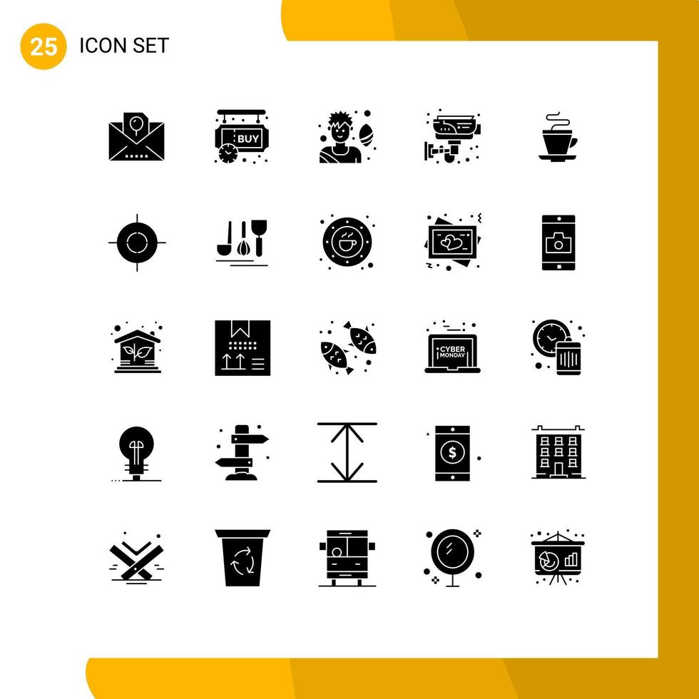 25 User Interface Solid Glyph Pack of modern Signs and Symbols of tea smart timer home cctv Editable Vector Design Elements